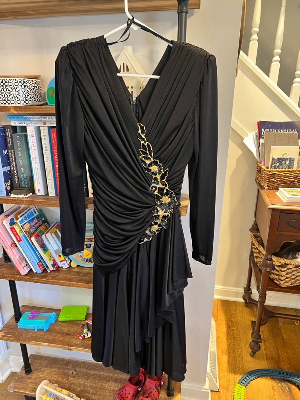 Black Draped Evening Dress with Gold Floral Accent